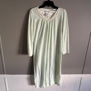 Vintage 90s Earth Angel Sleepwear Nightgown Medium Green Textured Knit Lace Trim